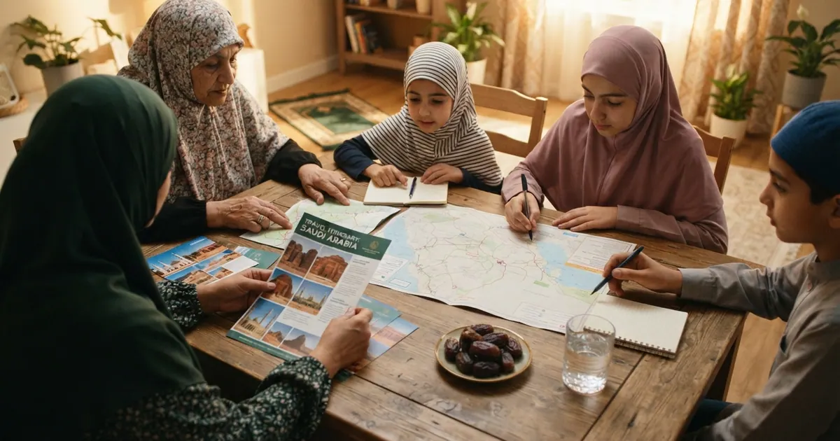 Yemek masasında birlikte seyahat planı inceleyen aile — Umre Ne Kadar? 2026 Toplam Maliyet Hesaplama Rehberi