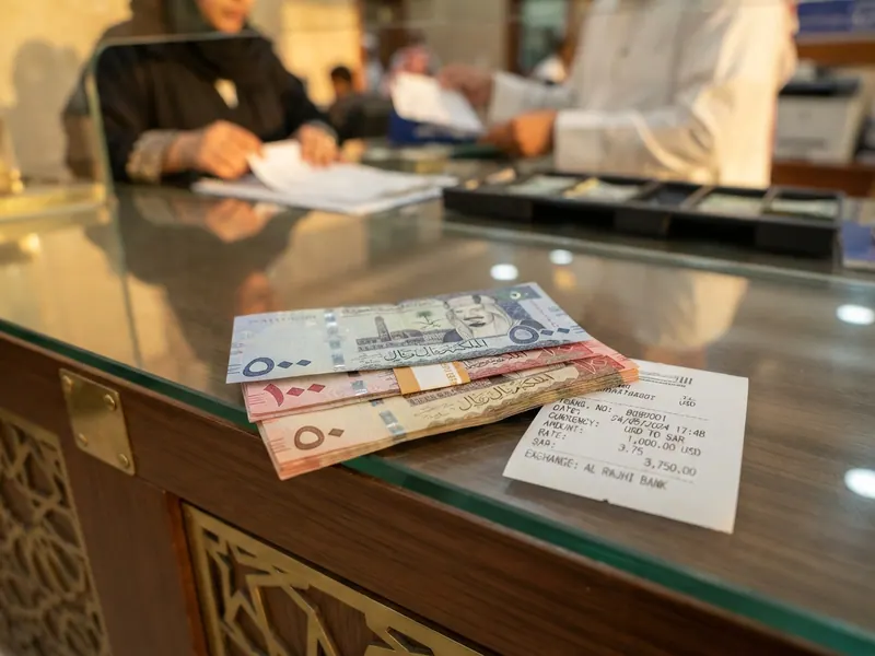 Döviz bürosu tezgâhında riyal banknotları ve fiş — Umre Paketi Karşılaştırma 2026: Ekonomikten Lükse