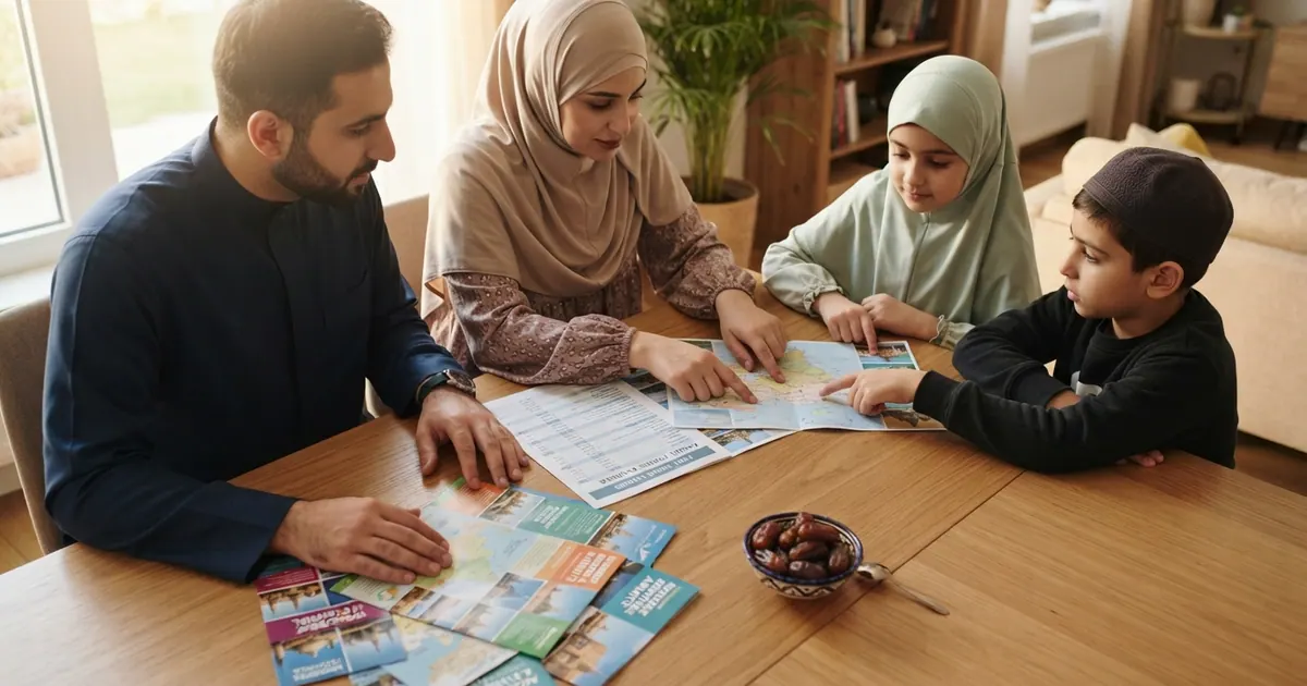 Yemek masasında birlikte seyahat planı inceleyen aile — Umre Paketi Karşılaştırma 2026: Ekonomikten Lükse