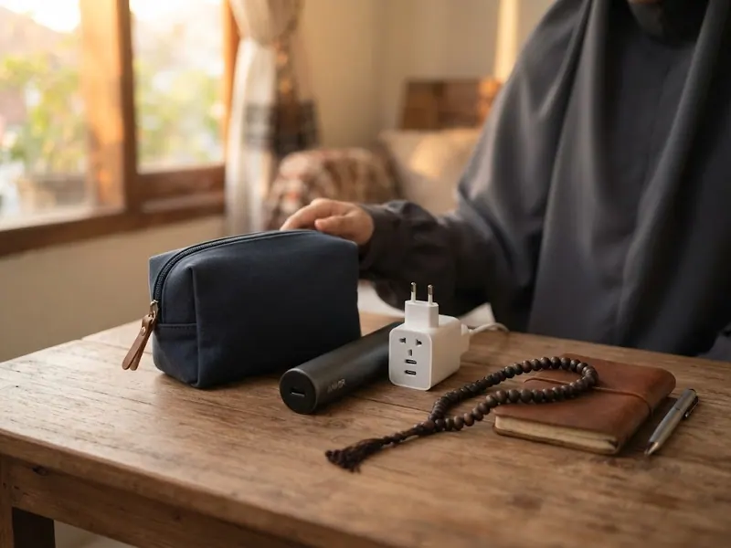 Küçük seyahat aksesuarları: adaptör, powerbank, kese ve tesbih — Umre Planlama Rehberi: Adım Adım Yolculuk Hazırlığı 2026