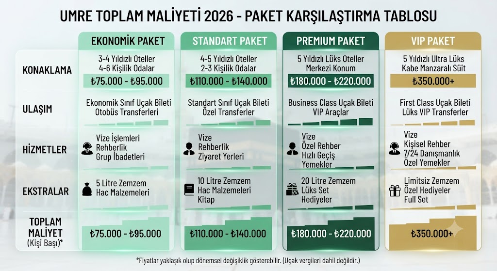 Umre paket türlerine göre fiyat karşılaştırma tablosu: ekonomik, standart, premium, VIP