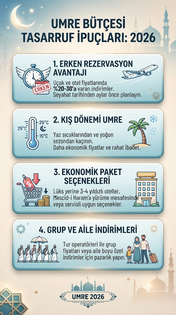 Umre bütçesi tasarruf ipuçları özeti: erken rezervasyon, kış dönemi, ekonomik paket seçenekleri