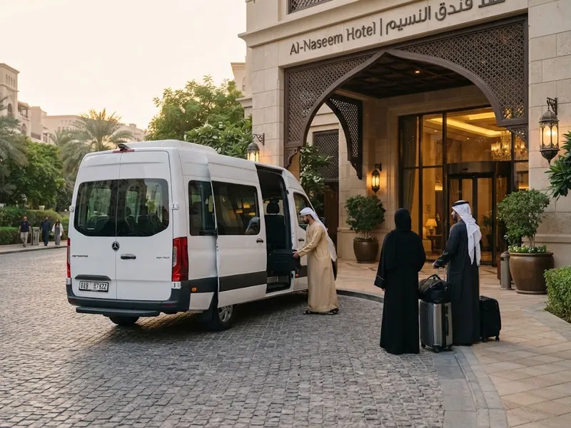 Otel önünde bekleyen beyaz transfer aracı ve yüklenen bavullar — Umre Transfer Rehberi 2026: Havalimanı-Otel Ulaşımı
