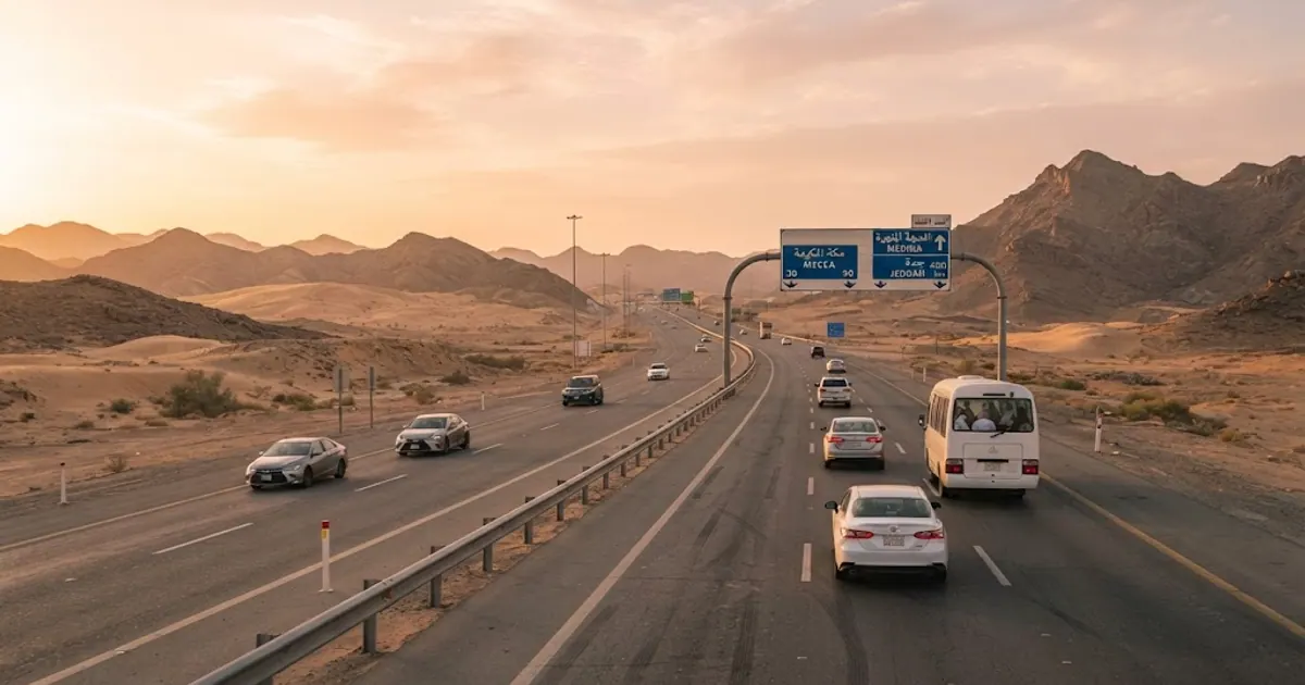 Mekke-Medine arası çöl otoyolu, gün batımı ışığı — Umre Transfer Rehberi 2026: Havalimanı-Otel Ulaşımı