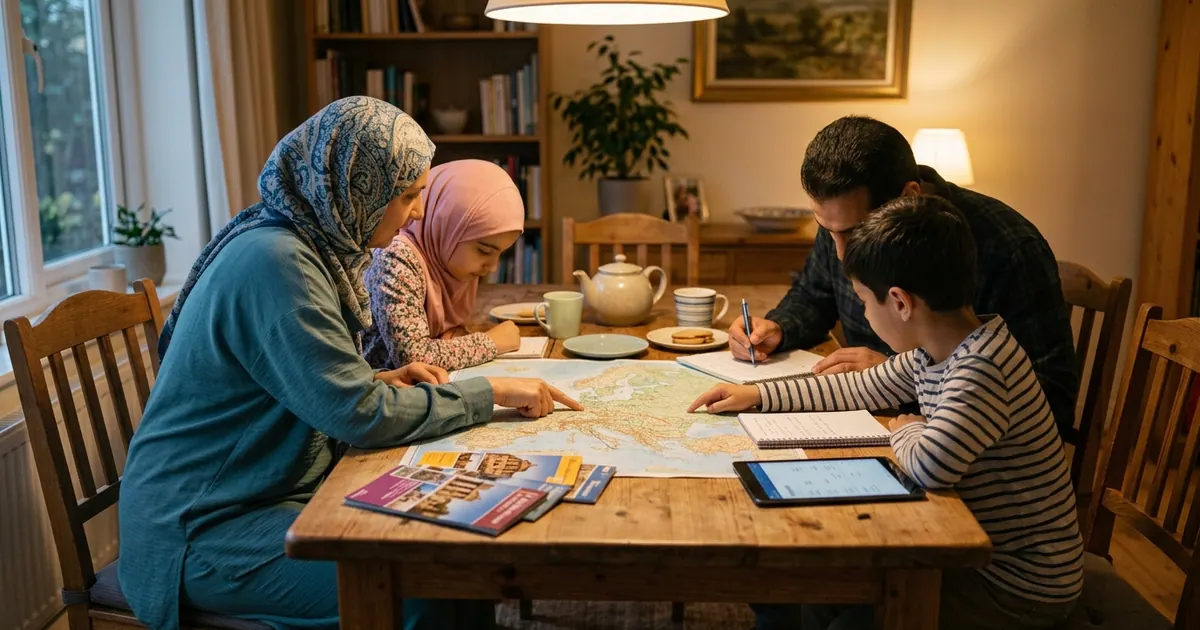 Yemek masasında birlikte seyahat planı inceleyen aile — Umre Tur Fiyatları 2026: Dönem, Paket ve Acenta Karşılaştırması