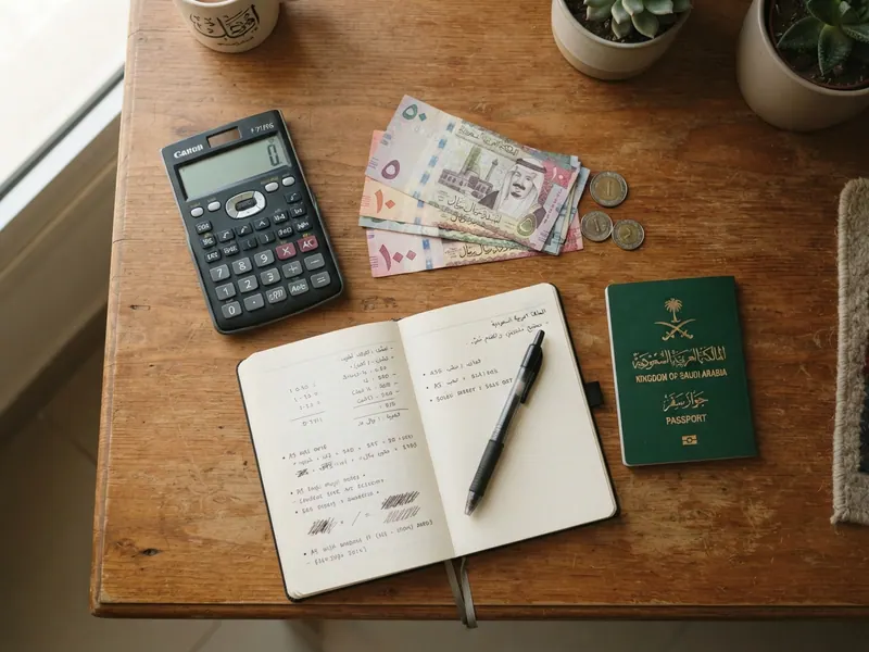 Hesap makinesi, riyal banknotları ve pasaportla bütçe planlaması masası — Umre Tur Seçimi 2026: Hangi Paket Size Uygun?
