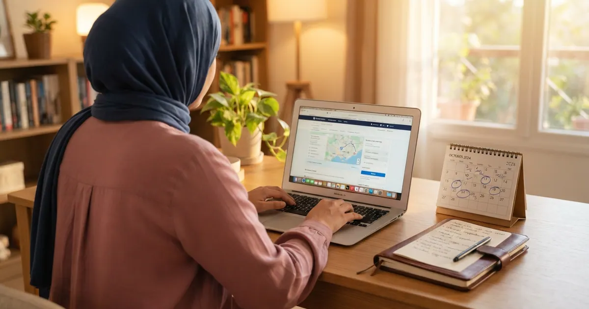 Dizüstü bilgisayarda umre planlaması yapan kişinin çalışma masası — Umre Tur Seçimi 2026: Hangi Paket Size Uygun?