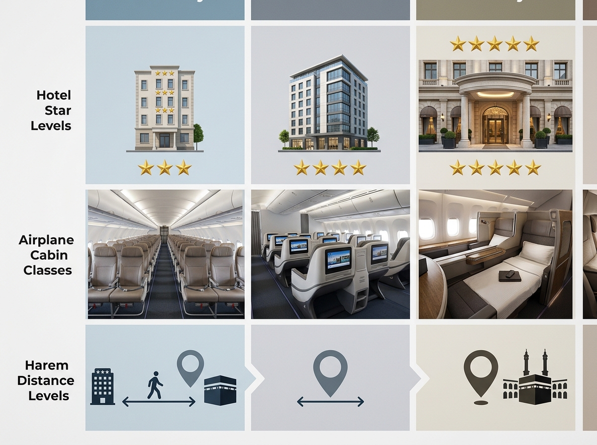 Umre tur kategorileri karşılaştırma görseli, ekonomik standart premium VIP otel ve uçak seviyeleri