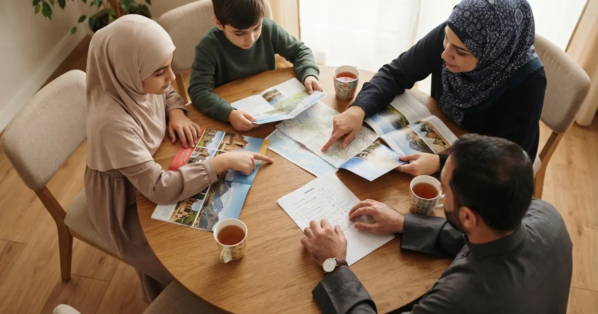 Yemek masasında birlikte seyahat planı inceleyen aile — Umre Turları 2026: Paket Seçenekleri ve Karşılaştırma