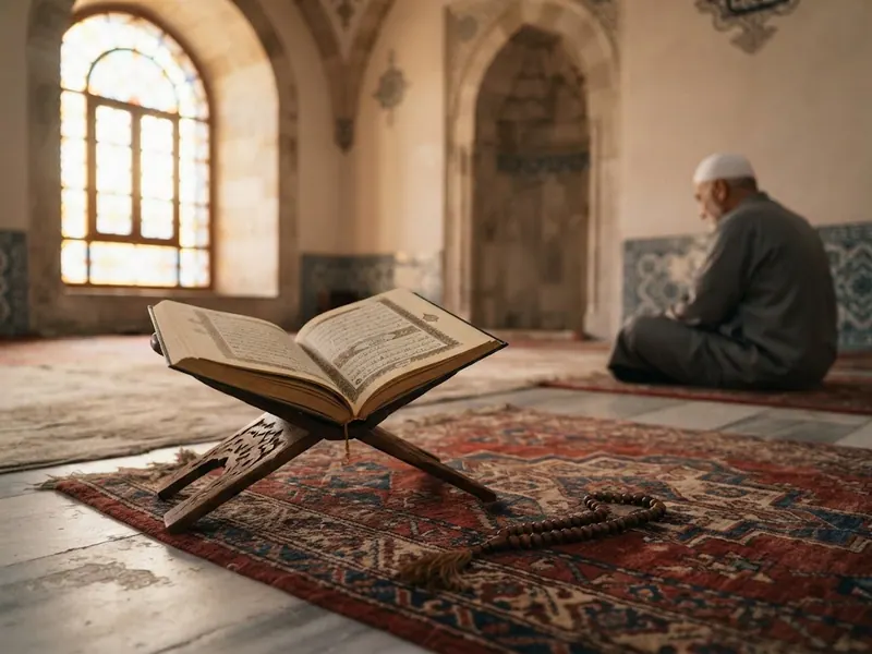 Sessiz cami köşesinde seccade üzerinde açık Kur'an ve tesbih — Umre ve Veda Tavafı: Adım Adım Rehber 2026