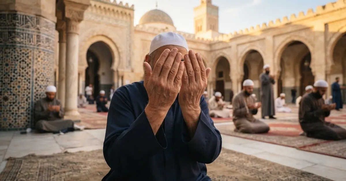 Güneşli cami avlusunda dua için açılmış eller — Umre ve Veda Tavafı: Adım Adım Rehber 2026