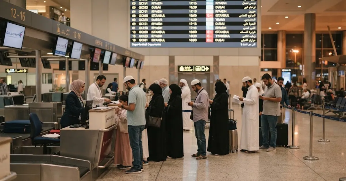Havalimanı check-in bankosu ve kalkış ekranı — Umre Vize Rehberi 2026: Başvuru, Ücret ve Süre