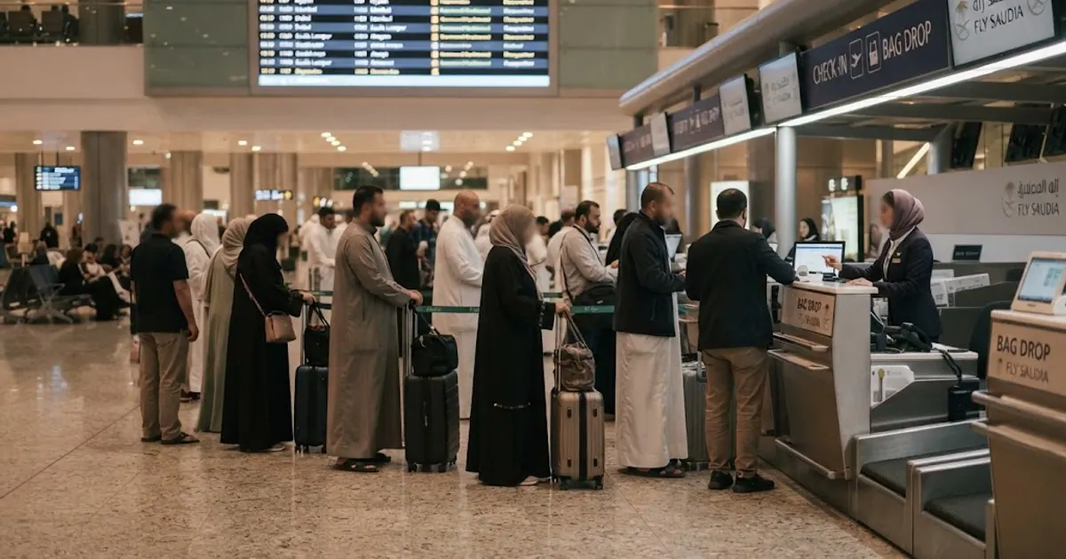 Havalimanı check-in bankosu ve kalkış ekranı — Umre Vizesi 2026: Başvuru, Ücret ve E-Vize Rehberi