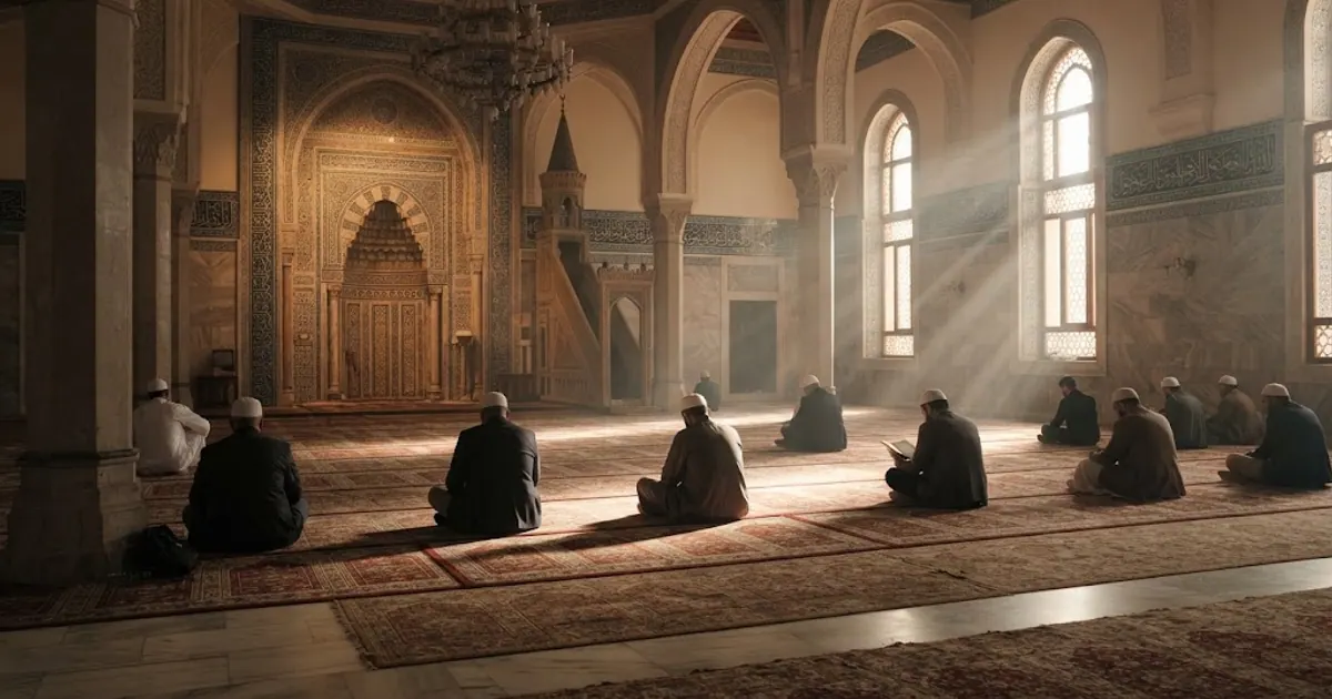 Namaz sonrası sakin cami içi, kemerlerden süzülen ışık — Umre Yeni Başlayanlar Rehberi 2026: Adım Adım Anlatım