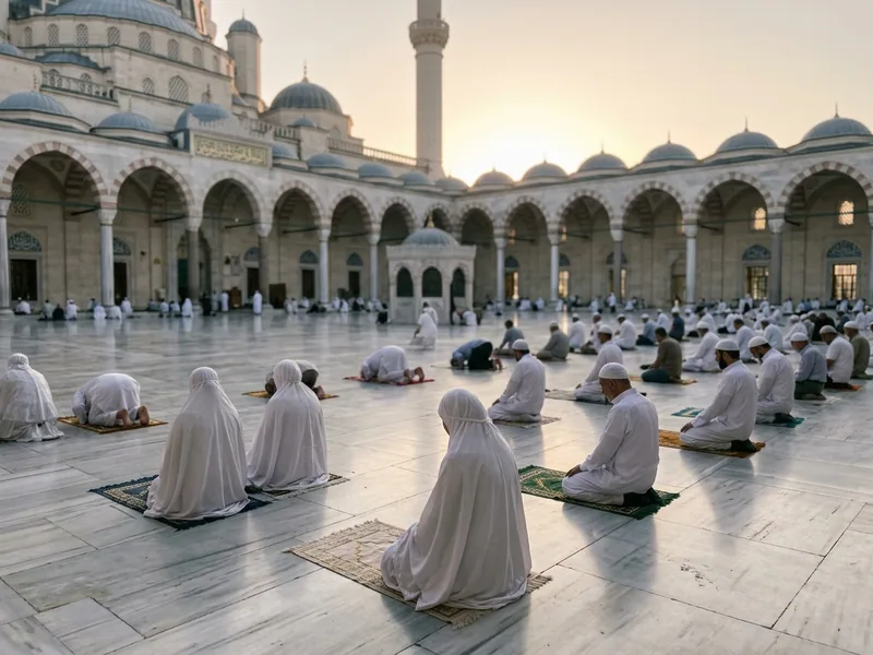 Makam-ı İbrahim yakınında tavaf namazı kılan hacıları gösteren fotoğraf